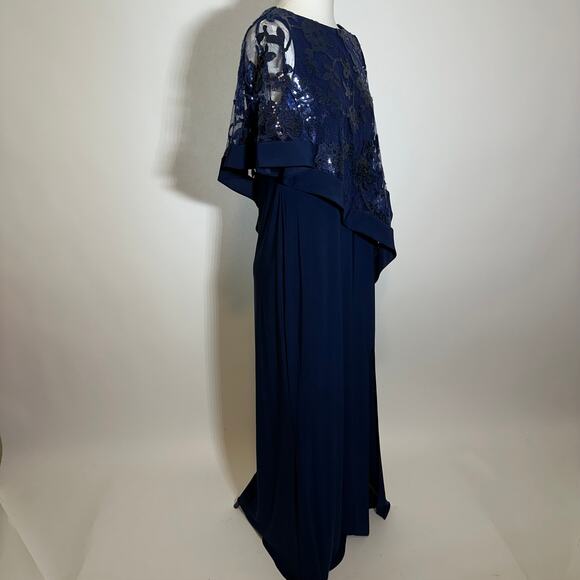 NWT R&M Richards Navy Blue 1 Piece Sequin Lace Poncho Sheath Dress Womens Size 8 - Picture 7 of 16
